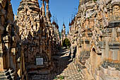 Rows of stupas in the Kakku (Kekku) Pagoda complex. The complex was kept hidden from the rest of the world until 2002 when it was opened to foreigners. Shan State, Burma (Myanmar). 